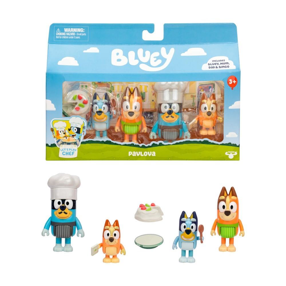 Conjunto de bonecos de brinquedo Bluey Let`s Play Chef Pavlova, pacote com 4