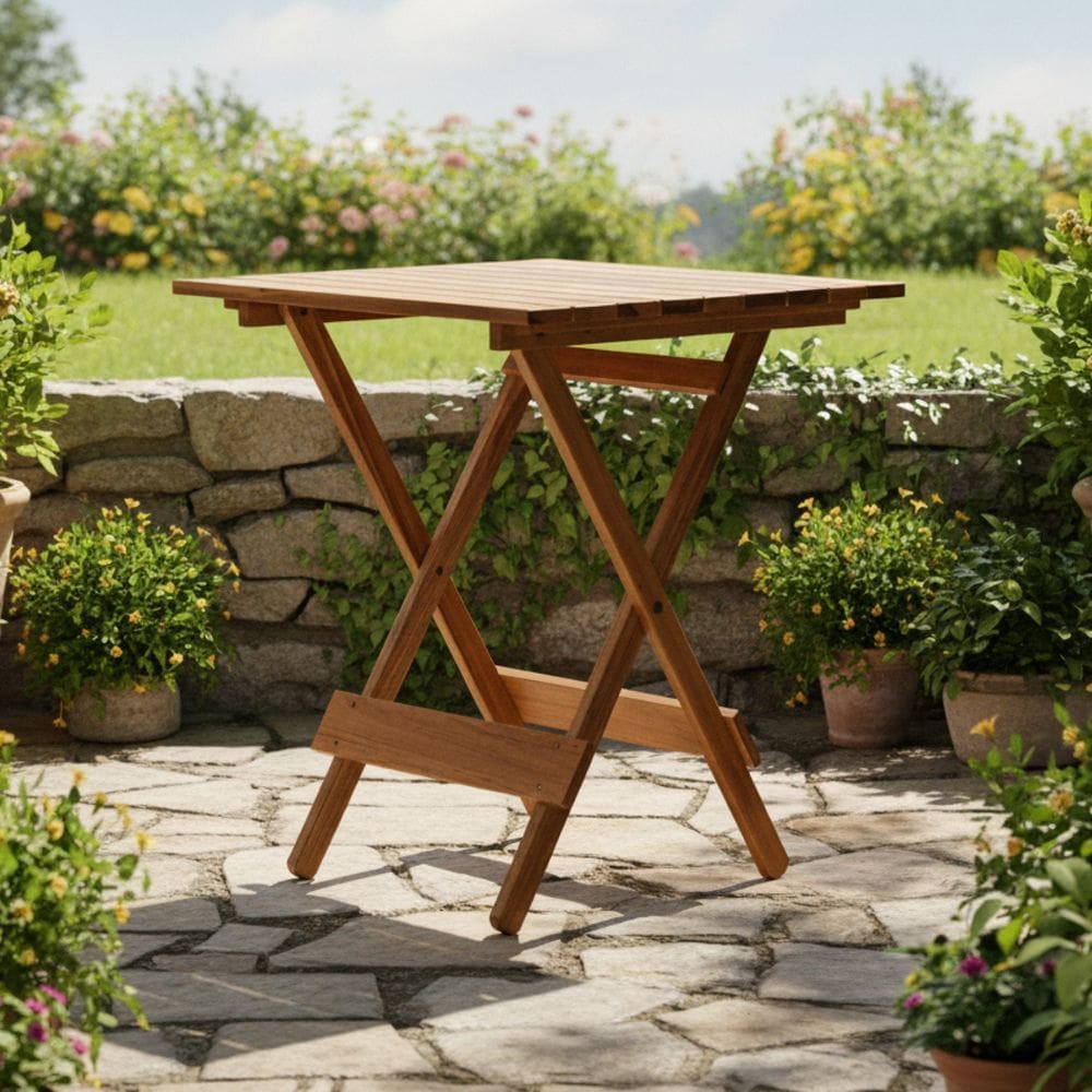 Mesa Dobrável 70x70cm Eucalipto Verniz Marrom