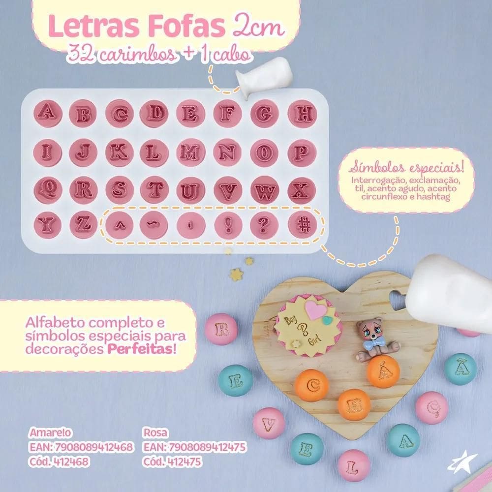 10X Kit 32 Carimbos Letras Fofas 2Cm Para Brigadeiros Blues