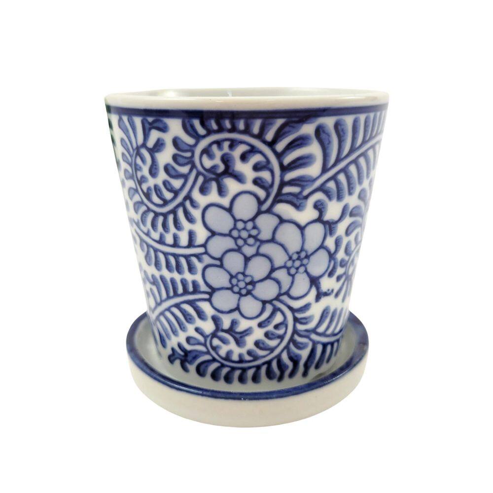 Vaso Decorativo Azul E Branco Floral 8X7Cm Com Furo Modelo 2