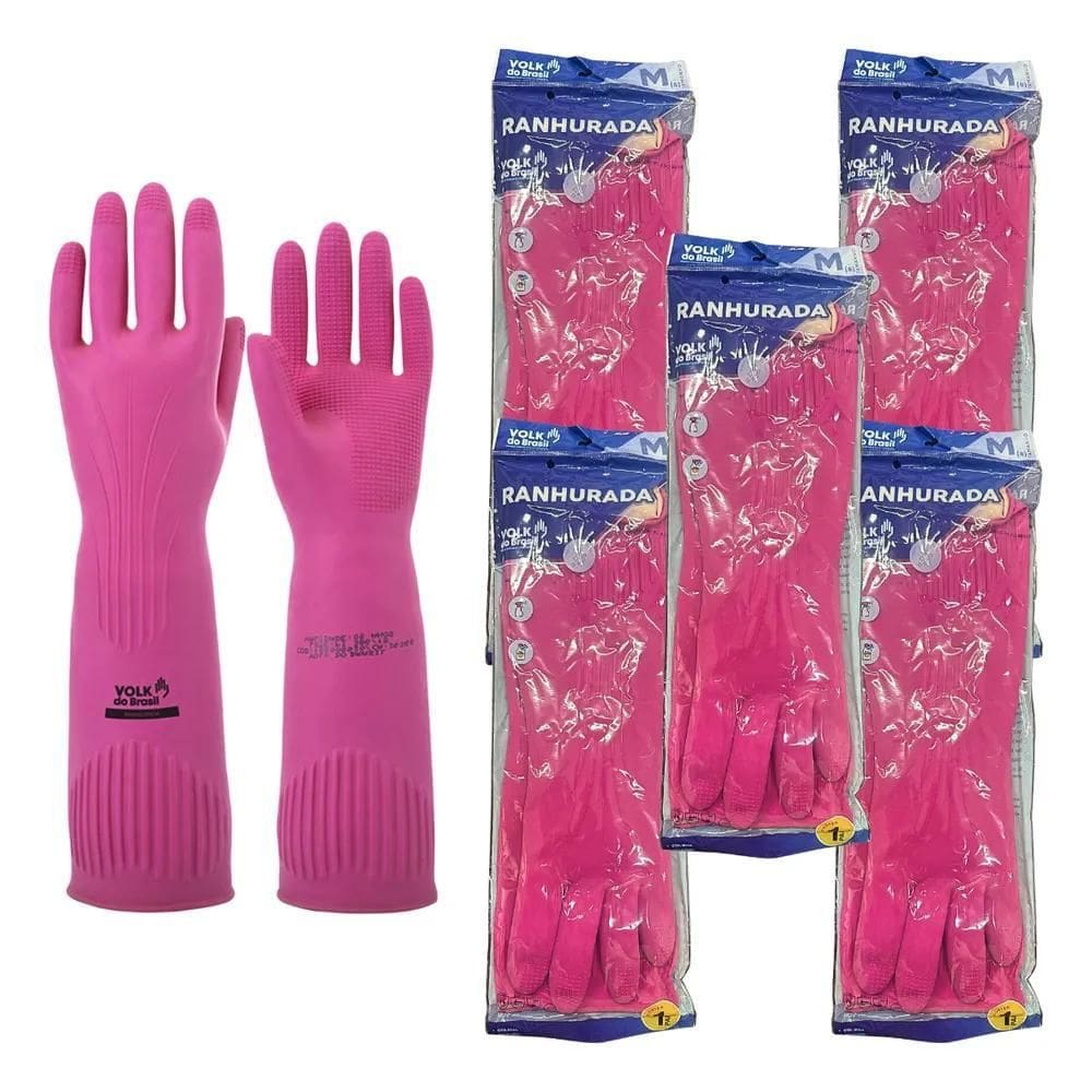 10X Kit 5 Prs Luva De Látex Natural Ranhurada Longa Antialé