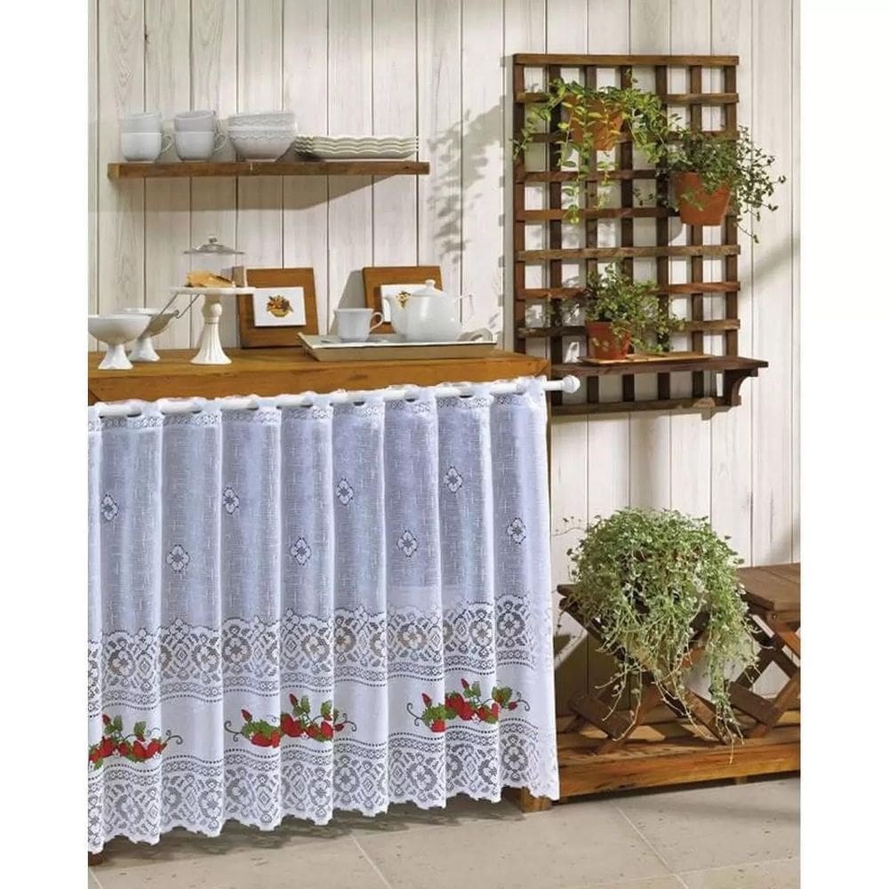 Cortina Pia Renda Branca Morango 2,00Larg X0,80 Alt Cozinha