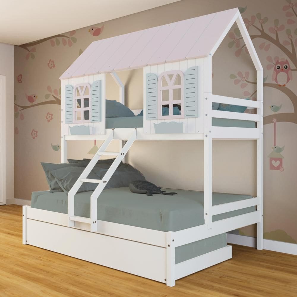 Treliche Casal/ Solteiro Casinha Bela - Madeira Maciça Branco/Rosa/Verde | Megamobilia