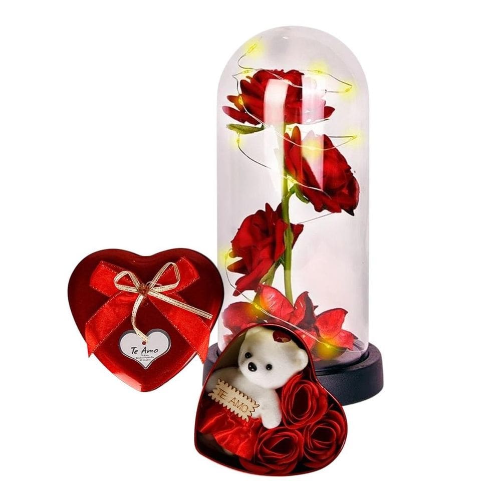 Kit Flores Artificias E Urso + Rosas Cúpula Led Namorados