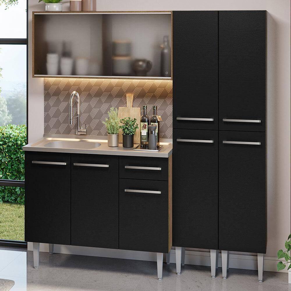Armário De Cozinha Compacta 169cm Com Pia Rustic/preto Emilly Madesa 11 Rustic/preto Rustic/preto