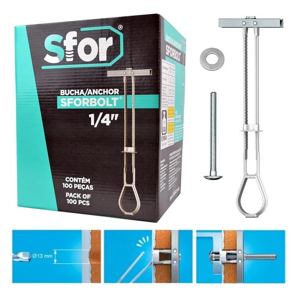 10X 100 Bucha Gesso Drywall Bloco 1/4 Sforbolt Parafuso Arr