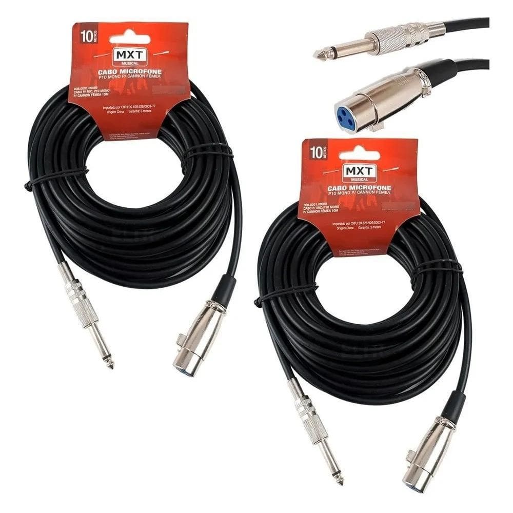 10X Kit 2 Cabo De Microfone P10 Mono Para Cannon Xlr Fêmea