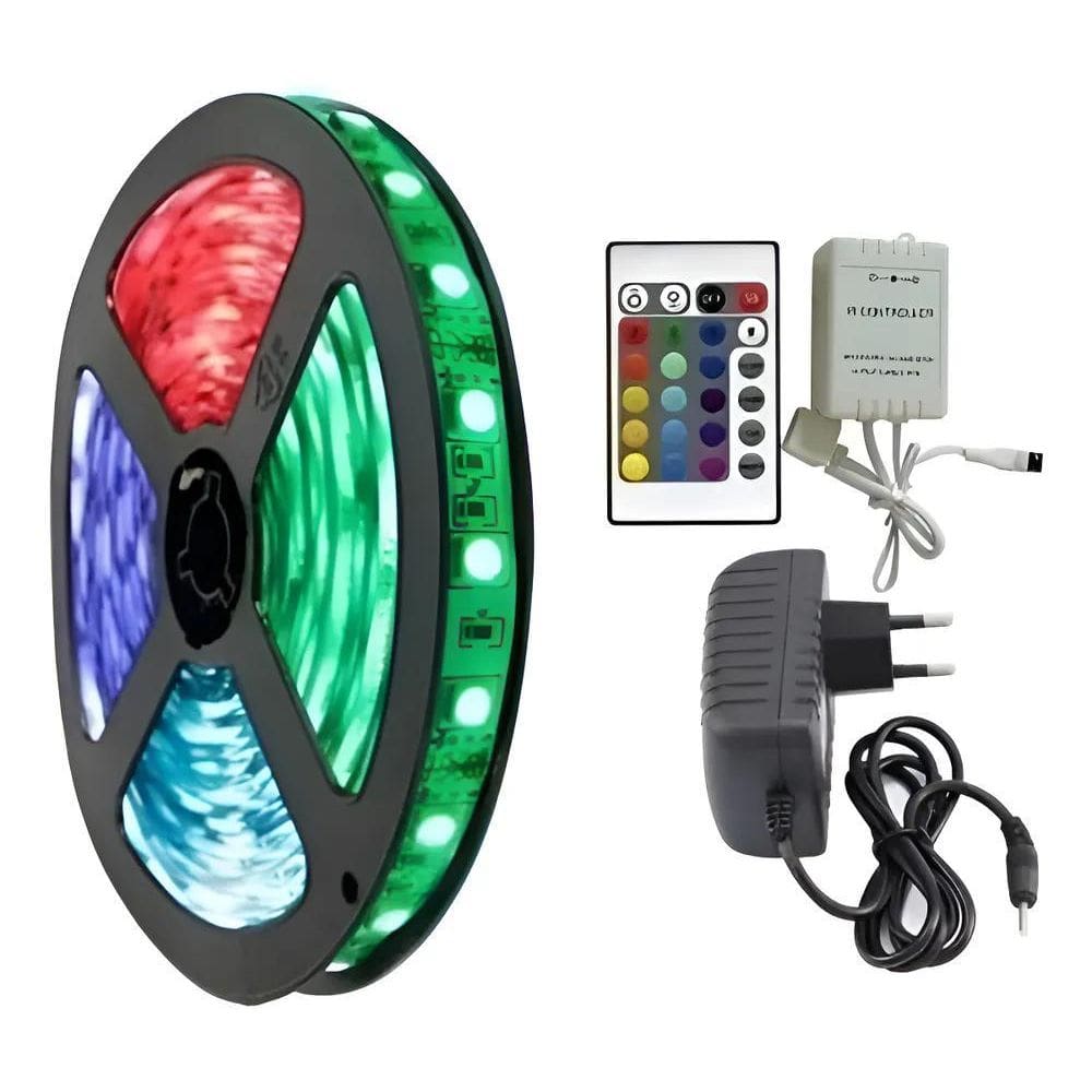 10X Fita Led Rgb 5050 Rolo 5Metro Prova Dágua + Fonte+ Cont