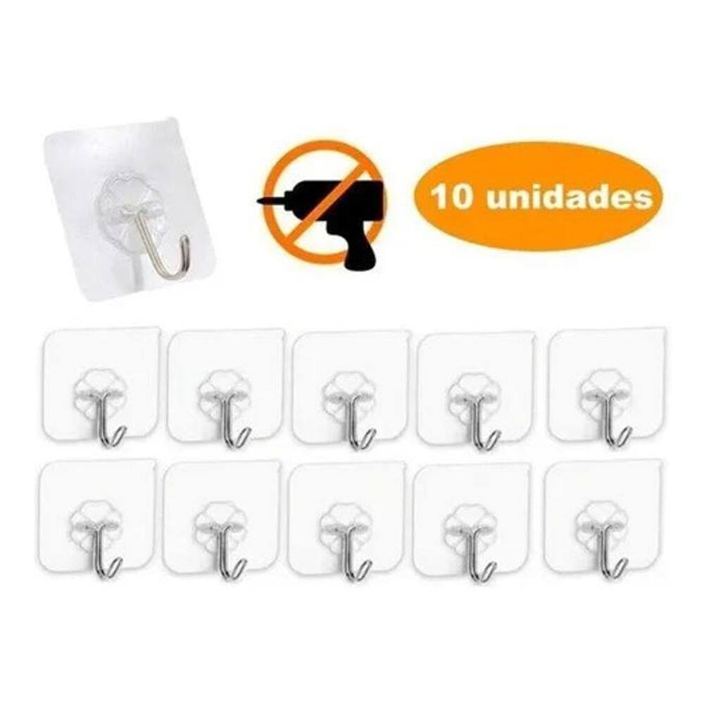 10X Kit 10 Ganchos Adesivo Transparente Parede Super Aderên