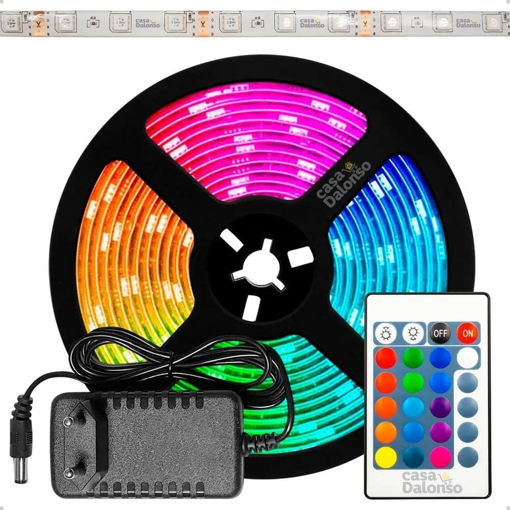10X Fita Led 5050 Rgb Colorida 5Mt 16 Cores + Fonte + Contr