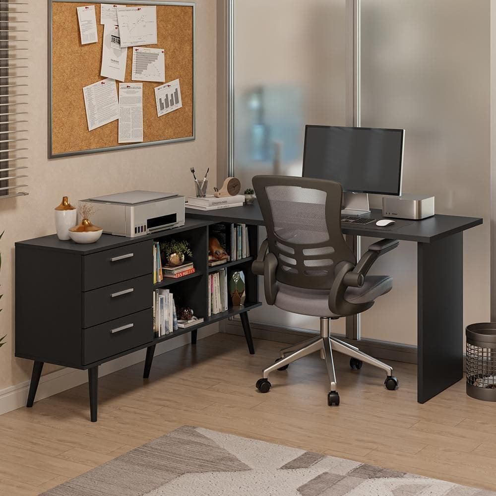Mesa De Escritório Em L 3 Gavetas Preto Lisboa Madesa