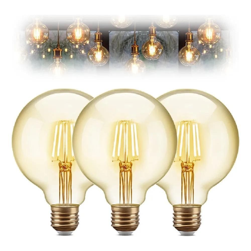 10X Kit 3 Lâmpada Led Filamento Globo Grande Retrô Vintage