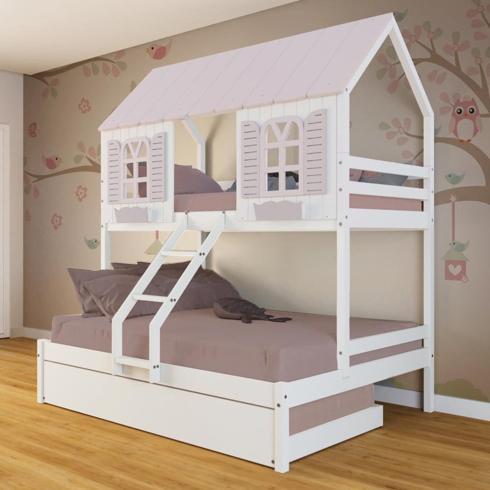 Treliche Casal/ Solteiro Casinha Bela - Madeira Maciça Branco/Rosa | Megamobilia