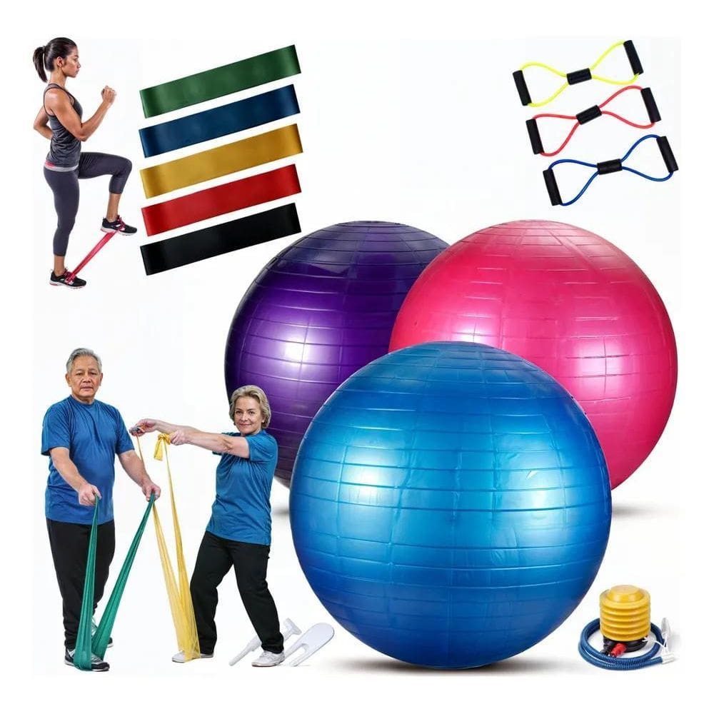 10X Pilates Kit Exercícios 9 Em 1 Bola 55Cm Com Bomba + Elás