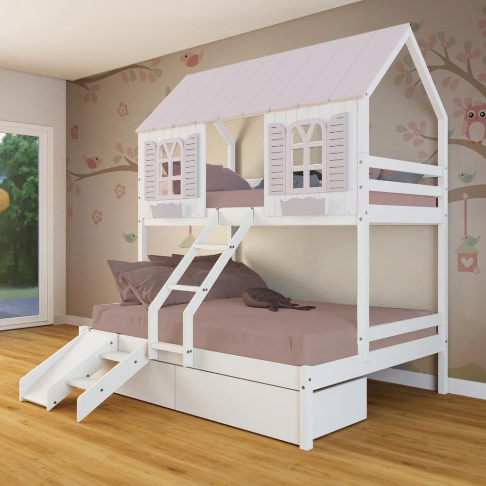 Beliche Casal/ Solteiro Casinha Bela 02 Gavetas Kit Escada/Escorregado - Madeira Maciça Branco/Rosa | Megamobilia