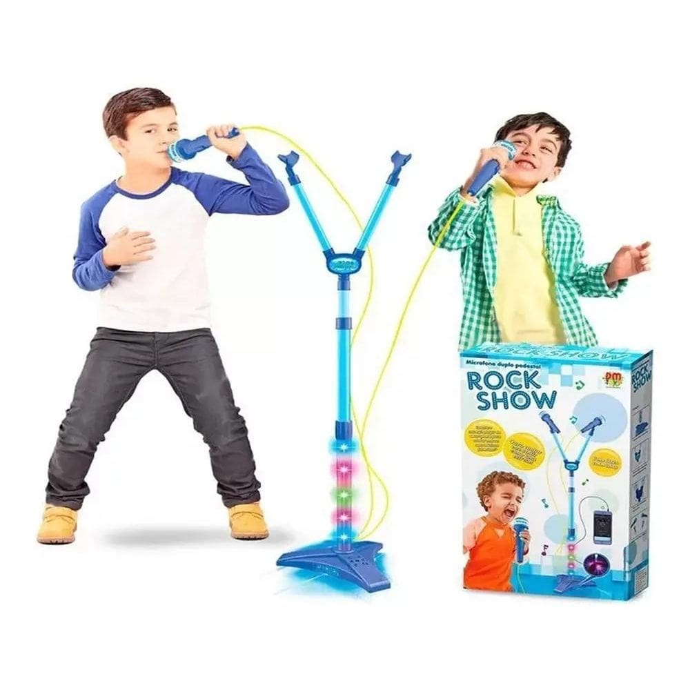 10X Microfone Duplo Com Pedestal Infantil Azul Mp3 Com Luz