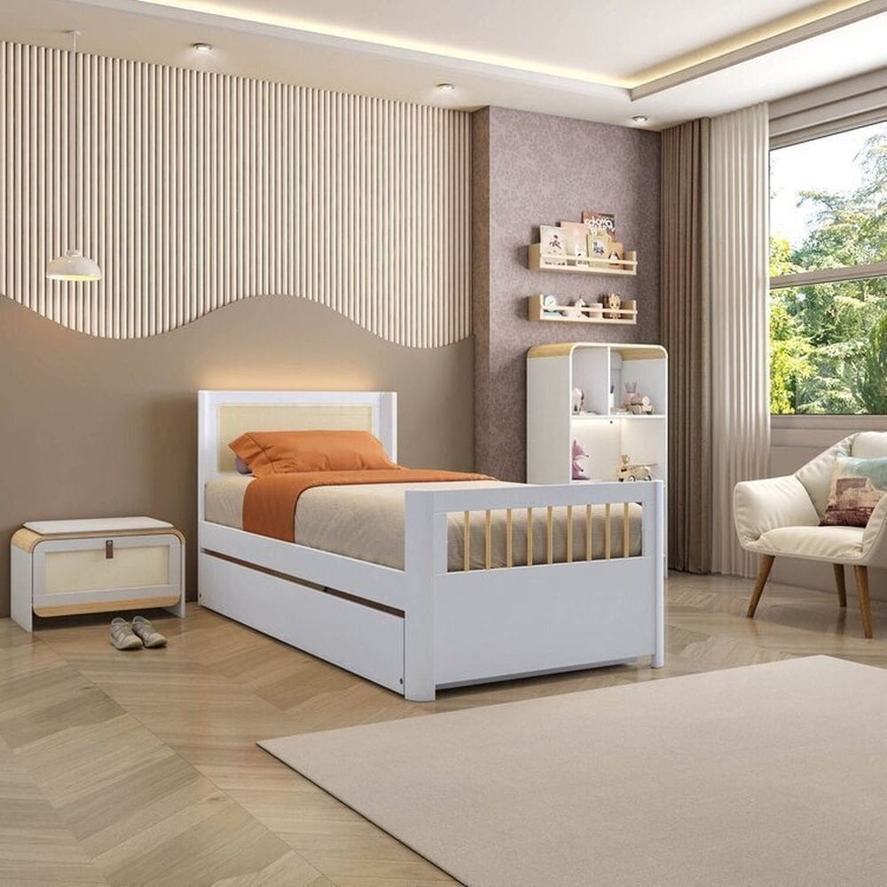 Bicama Solteiro Juvenil Reversível em LED com Rattan, Peseira Palito Wave Casatema Branco