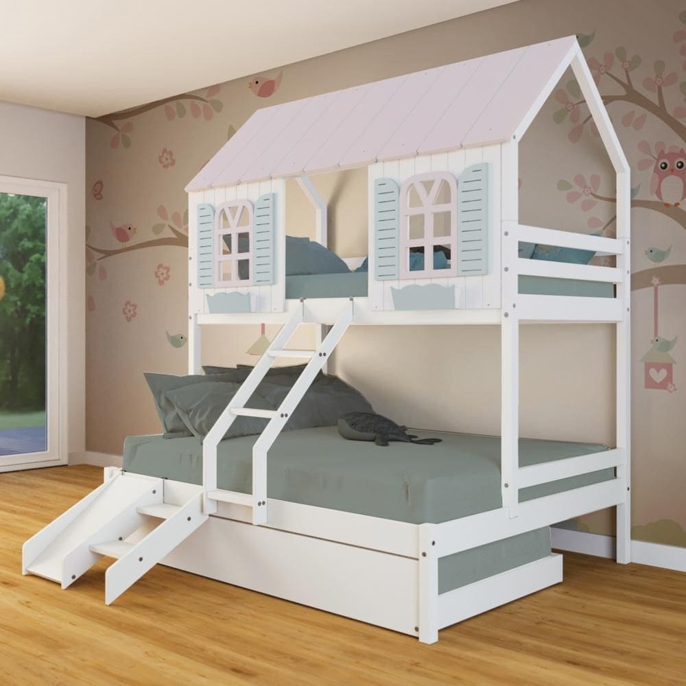 Treliche Casal/ Solteiro Casinha Bela com Kit Escada/Escorregador - Madeira Maciça Branco/Rosa/Verde | Megamobilia