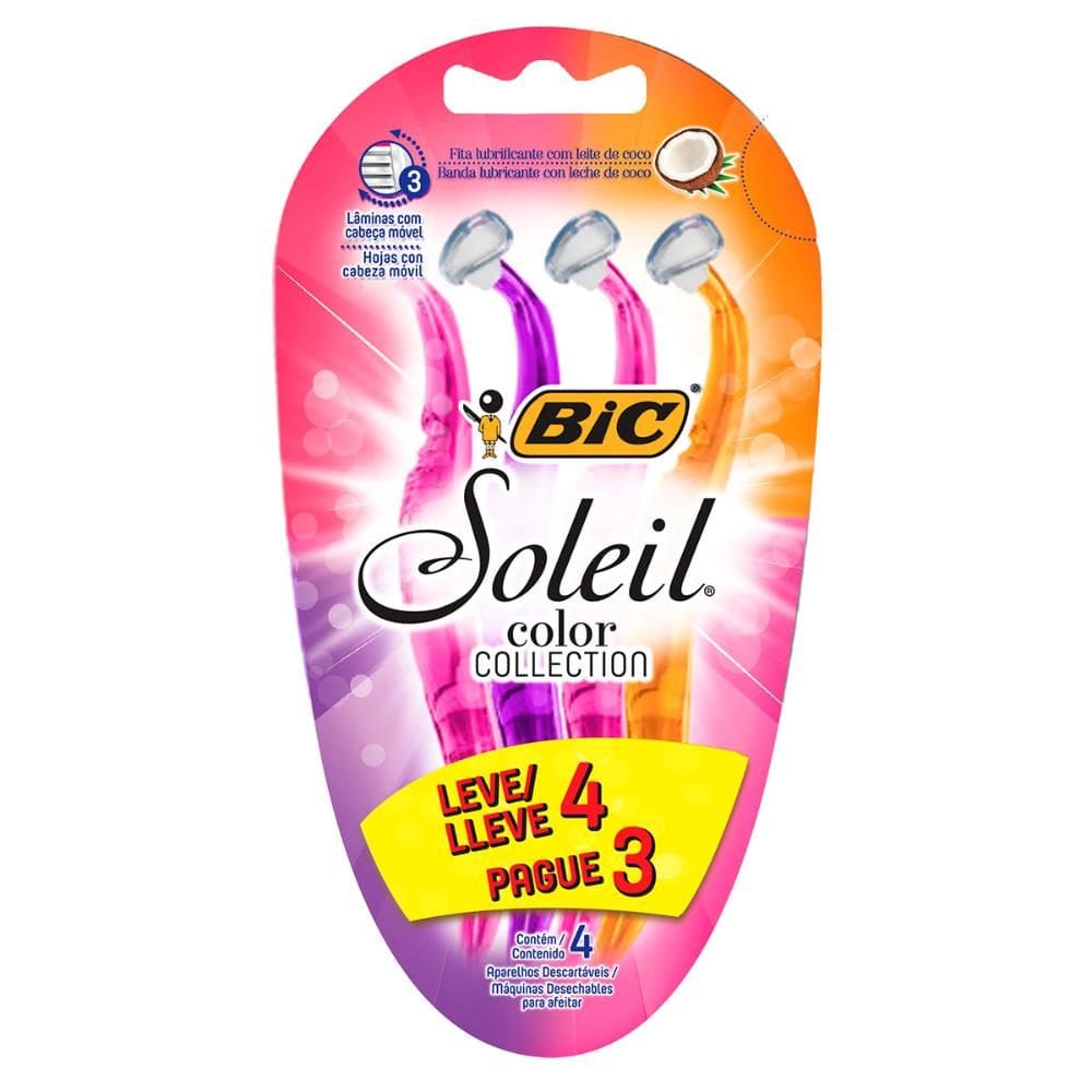 Barbeador descartável Soleil Rosa, Roxo e Laranja 4uni Bic