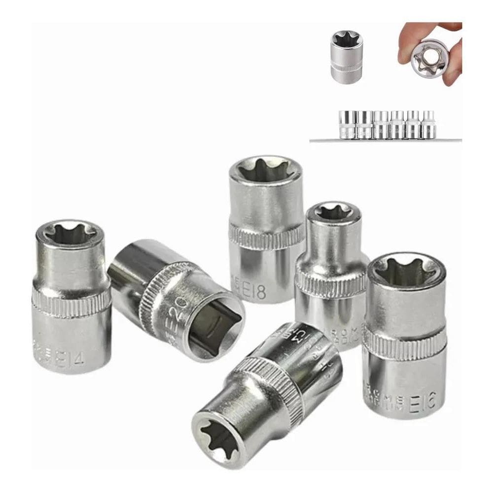 10X Kit Soquete Torxs 6 Pecas 1/2 Femea E10 A E20 Aço Vanád