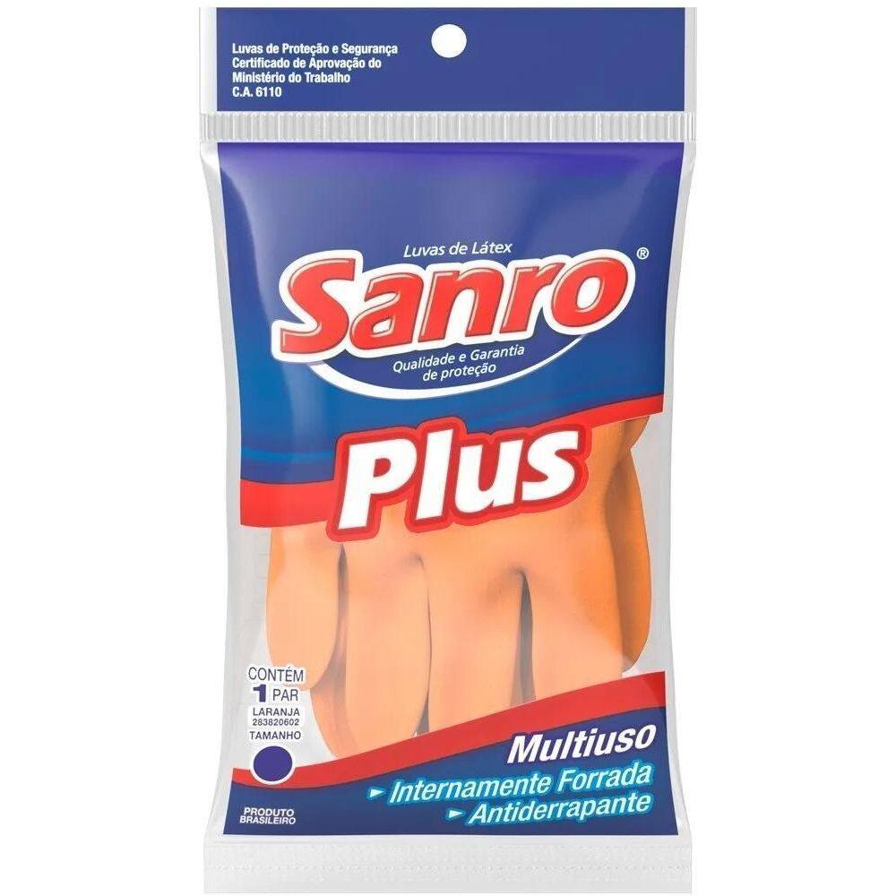 5X Luva Latex Forrada Sanro Plus Laranja Multiuso ,Tamanho