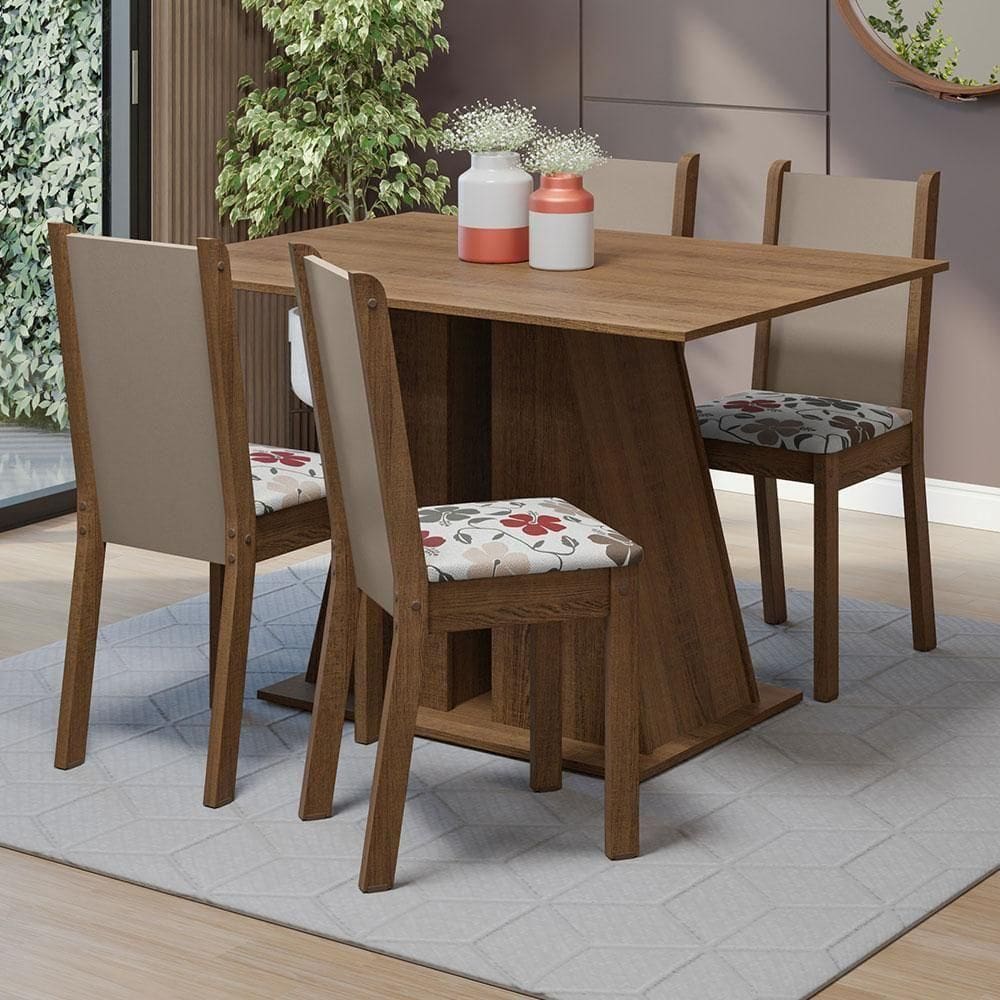 Conjunto Sala De Jantar Mesa Tampo De Madeira 4 Cadeiras Rustic/hibiscos Sophie Madesa