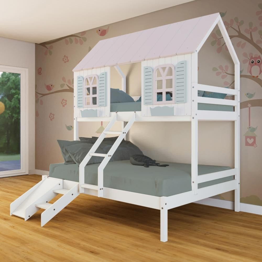Beliche Casal/ Solteiro Casinha Bela com Kit Escada/Escorregador - Madeira Maciça Branco/Rosa/Verde | Megamobilia