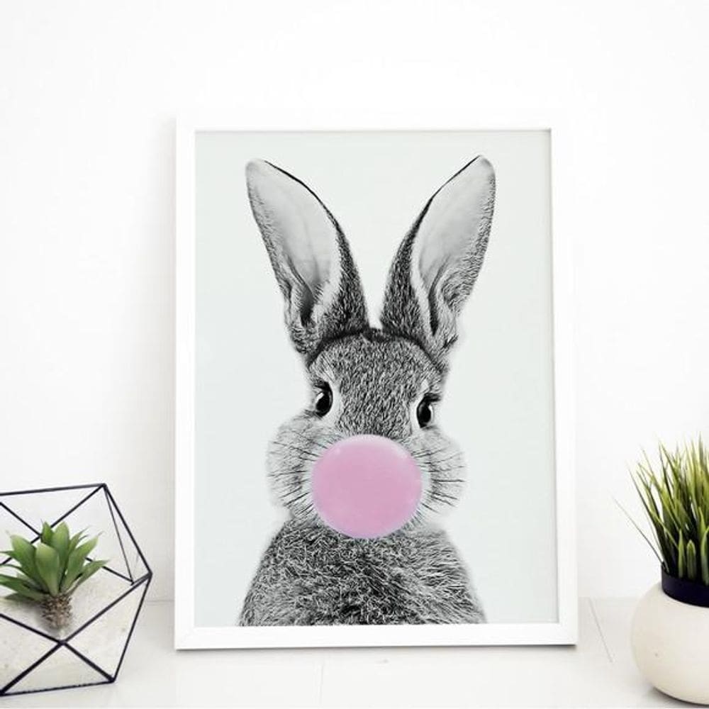 Quadro Decorativo Coelho Chiclete 45X34Cm Moldura Branca