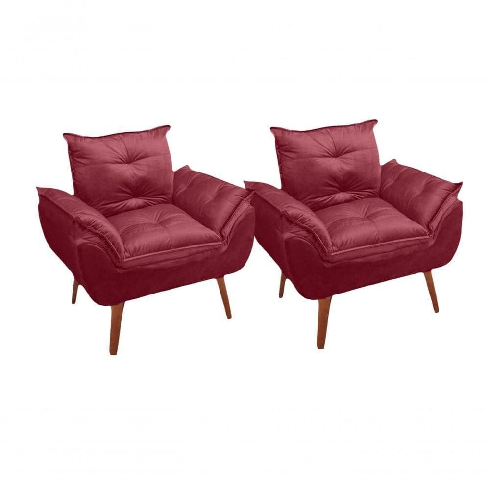 Kit 02 Poltrona Cadeira Decorativa Glamour Com Pés Quadrado Vinho Bordô