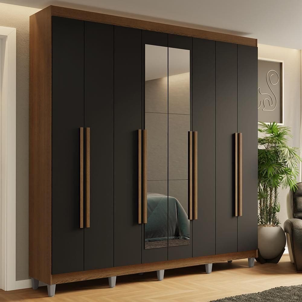 Guarda-roupa Casal Com Pés 8 Portas Batentes Com Espelho Rustic-preto-rustic Saturno Madesa