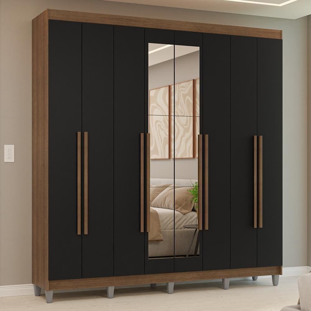 Guarda-roupa Casal Com Pés 8 Portas Batentes Com Espelho Rustic-preto-rustic Venus Madesa
