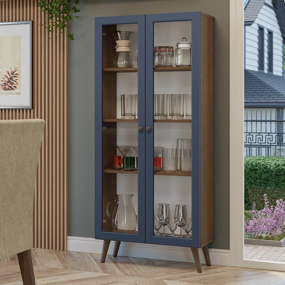 Cristaleira 70 Cm 2 Portas De Vidro Com Pés Cônicos Rustic-azul-rustic Vik Madesa