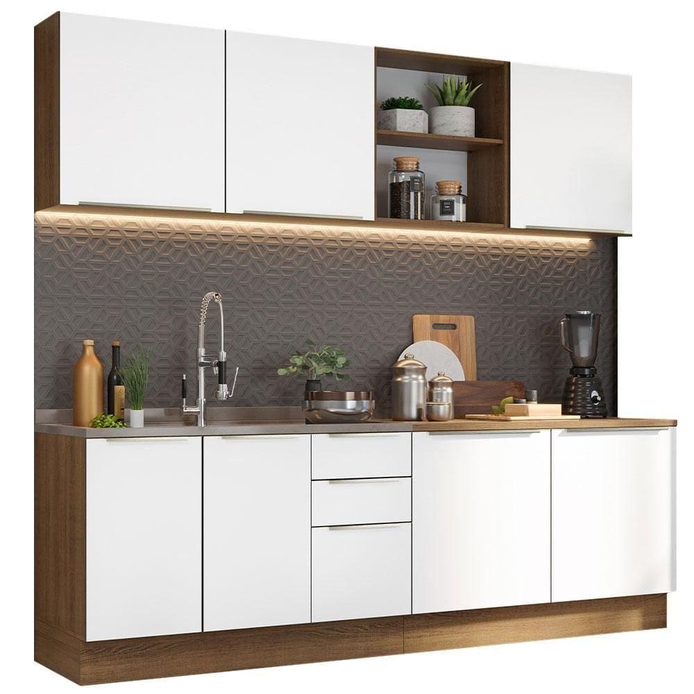 Armário De Cozinha Completa 240cm Rustic/branco Veludo Lux Madesa 05 Rustic/branco Veludo Rustic/branco Veludo