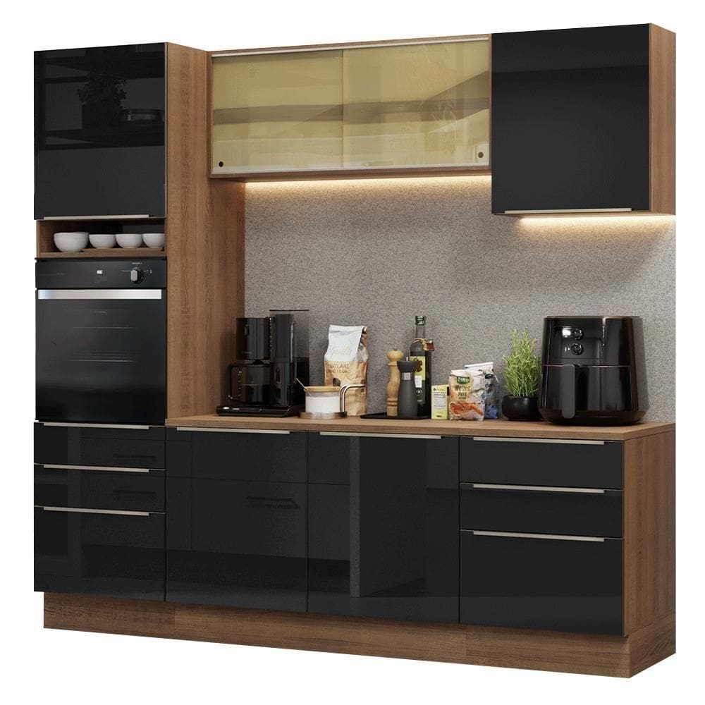 Armário De Cozinha Completa 240cm Rustic/preto Lux Madesa 08 Rustic/preto Rustic/preto
