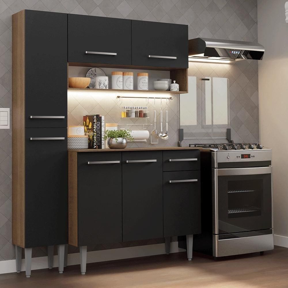 Armário De Cozinha Compacta 137 Cm Rustic-preto Emilly Madesa 011