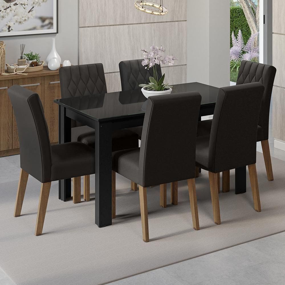 Conjunto Sala De Jantar Mesa Tampo De Vidro 6 Cadeiras Rustic/preto/oxford Odara Madesa Rustic/preto/oxford