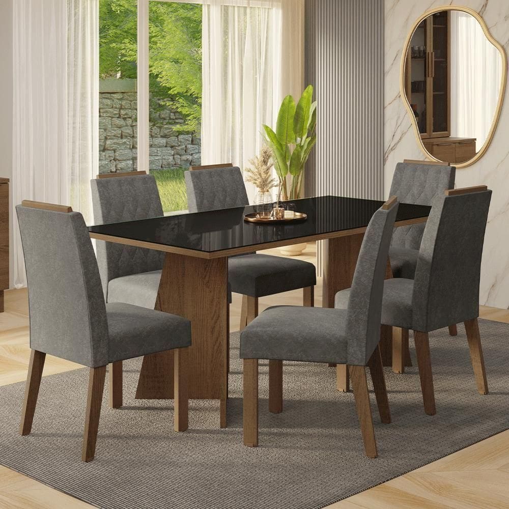 Conjunto Sala De Jantar Tampo De Vidro 6 Cadeiras Rustic/preto/silver Siena Madesa
