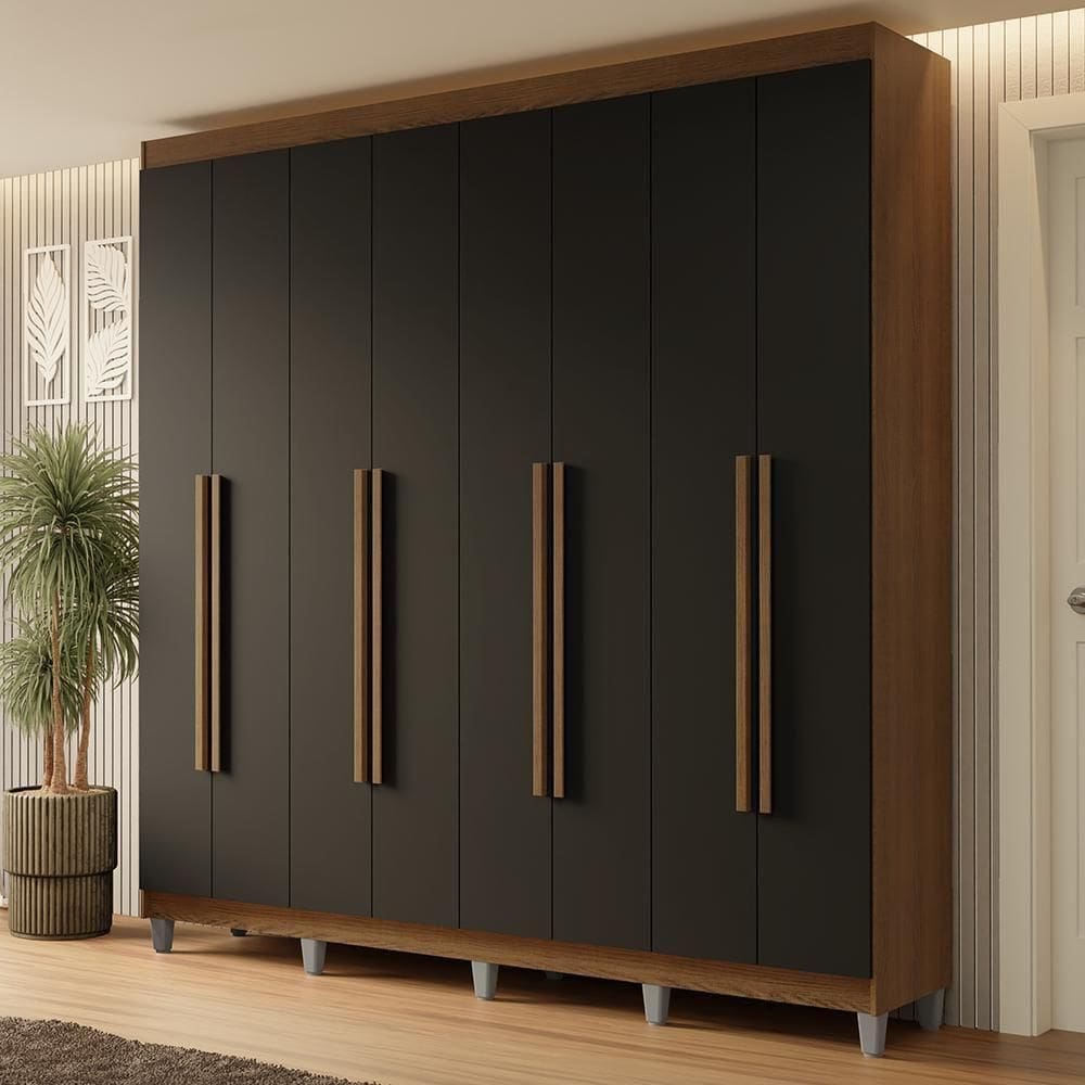 Guarda-roupa Casal Com Pés 8 Portas Batentes Rustic-preto-rustic Netuno Madesa