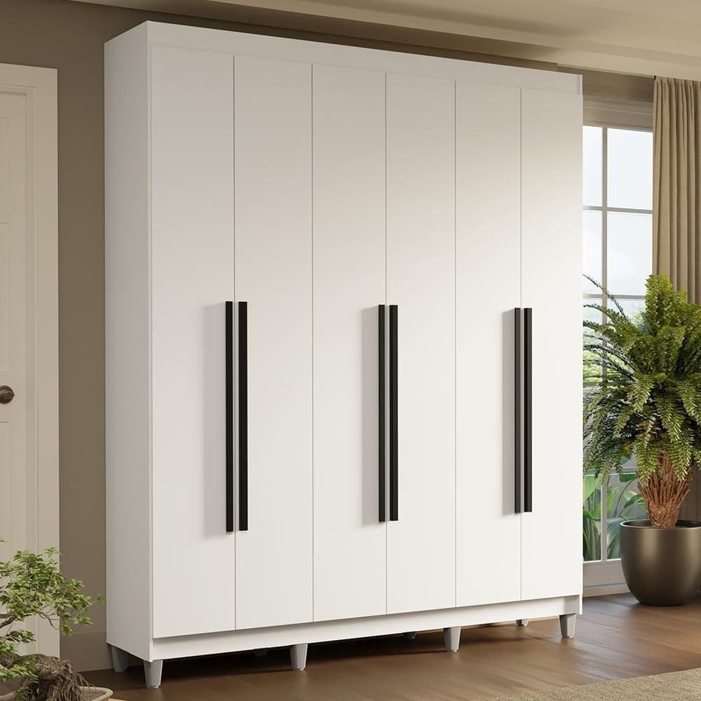 Guarda-roupa Casal Com Pés 6 Portas Batentes Branco-branco-preto Saturno Madesa
