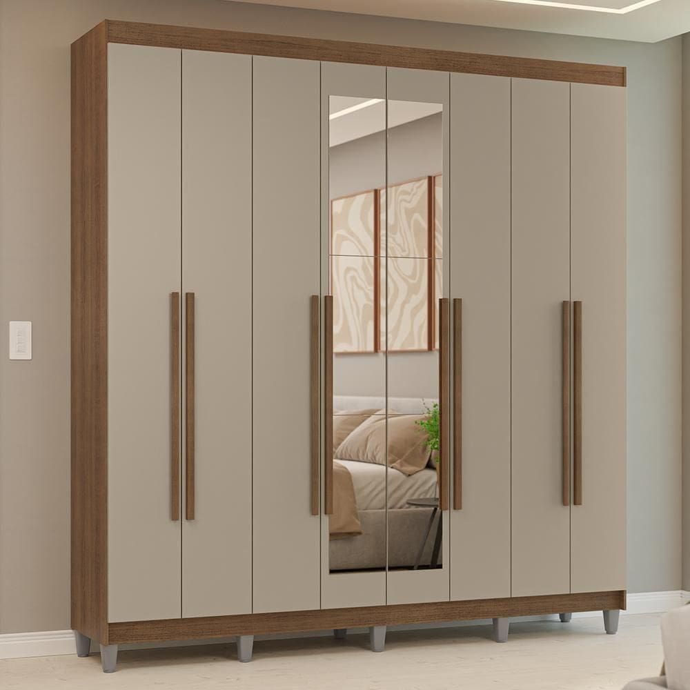 Guarda-roupa Casal Com Pés 8 Portas Batentes Com Espelho Rustic-crema-rustic Venus Madesa