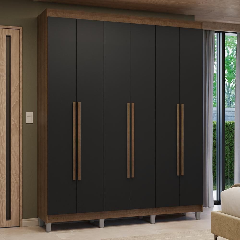 Guarda-roupa Casal Com Pés 6 Portas Batentes Rustic-preto-rustic Venus Madesa