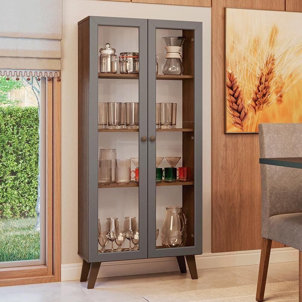 Cristaleira 70 Cm 2 Portas De Vidro Com Pés Trapézio Rustic-cinza-rustic Vik Madesa