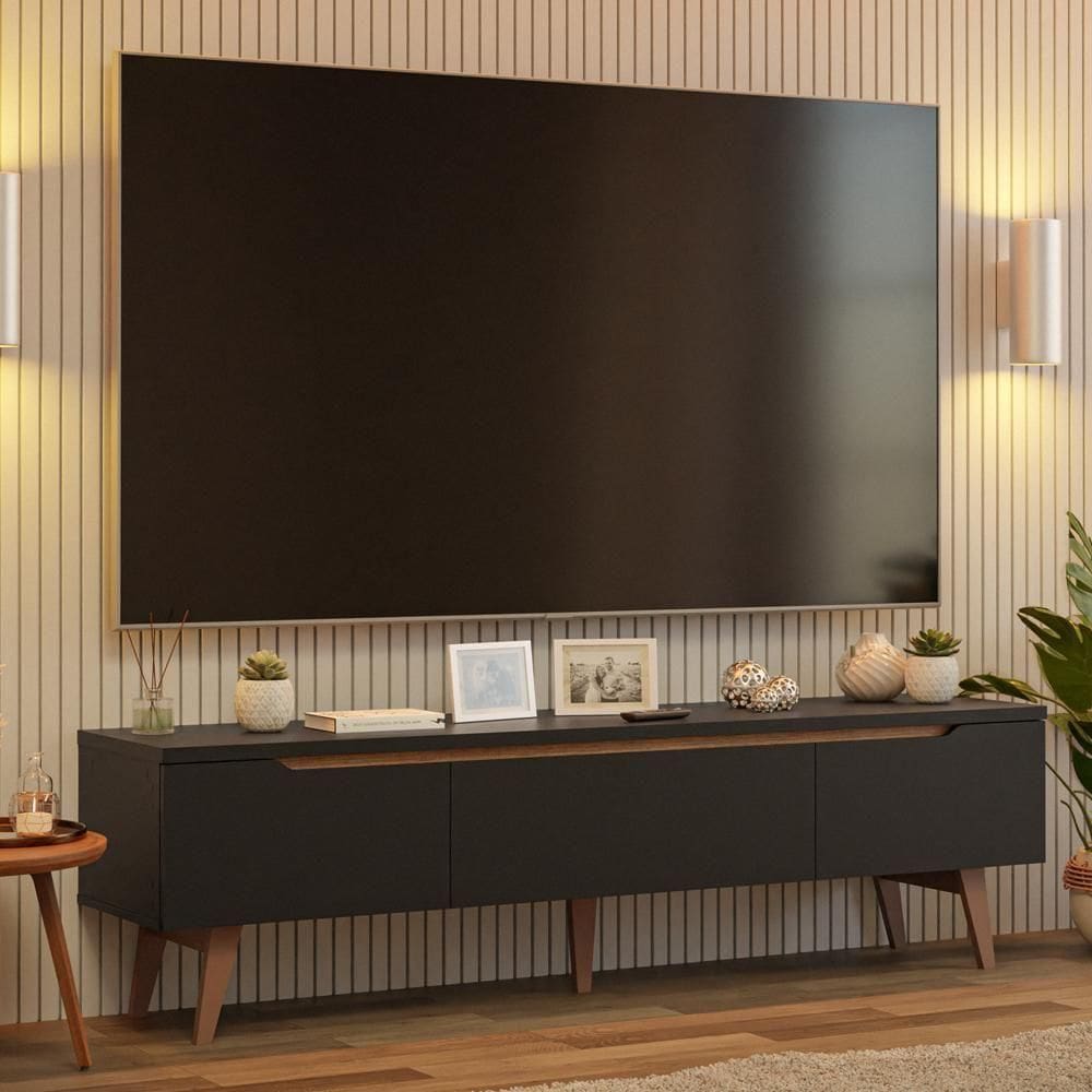Rack Para Até 80 Polegadas 180cm 2 Portas 1 Gaveta Preto-rustic Doha Madesa