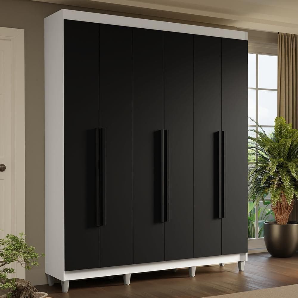 Guarda-roupa Casal Com Pés 6 Portas Batentes Branco-preto-preto Saturno Madesa
