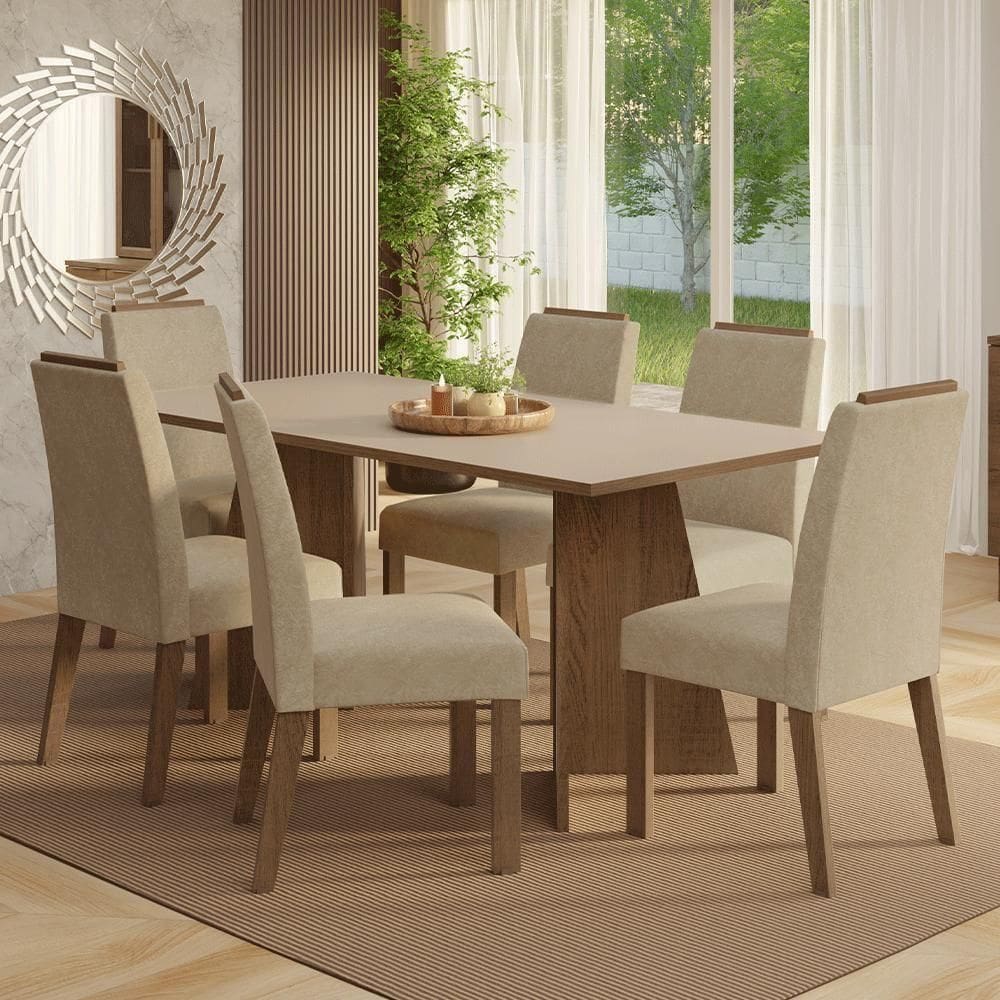 Conjunto Sala De Jantar Tampo De Madeira 6 Cadeiras Rustic/crema/imperial Minsk Madesa