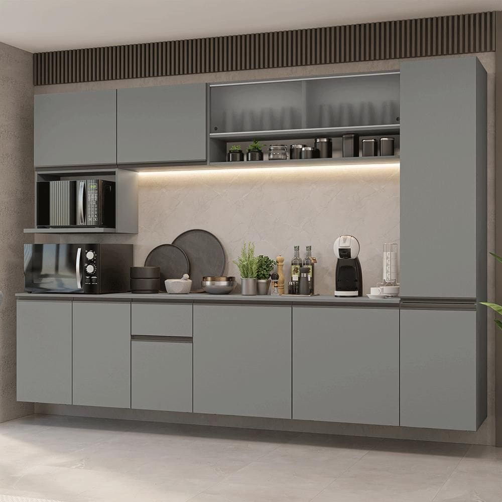 Armário De Cozinha Completa 280 Cm Suspensa Cinza Nice Madesa 04