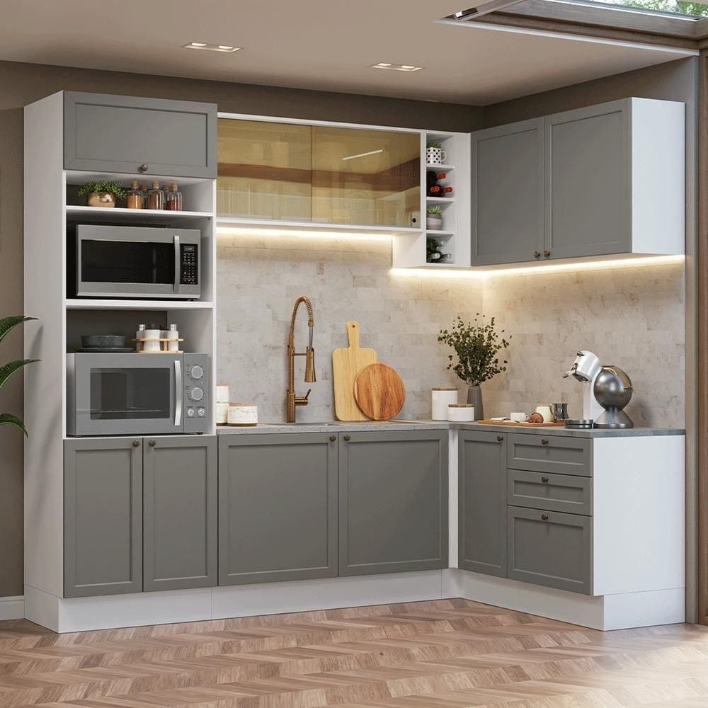 Armário De Cozinha Completa De Canto 399 Cm Branco/cinza Vik Madesa 02 Branco/cinza