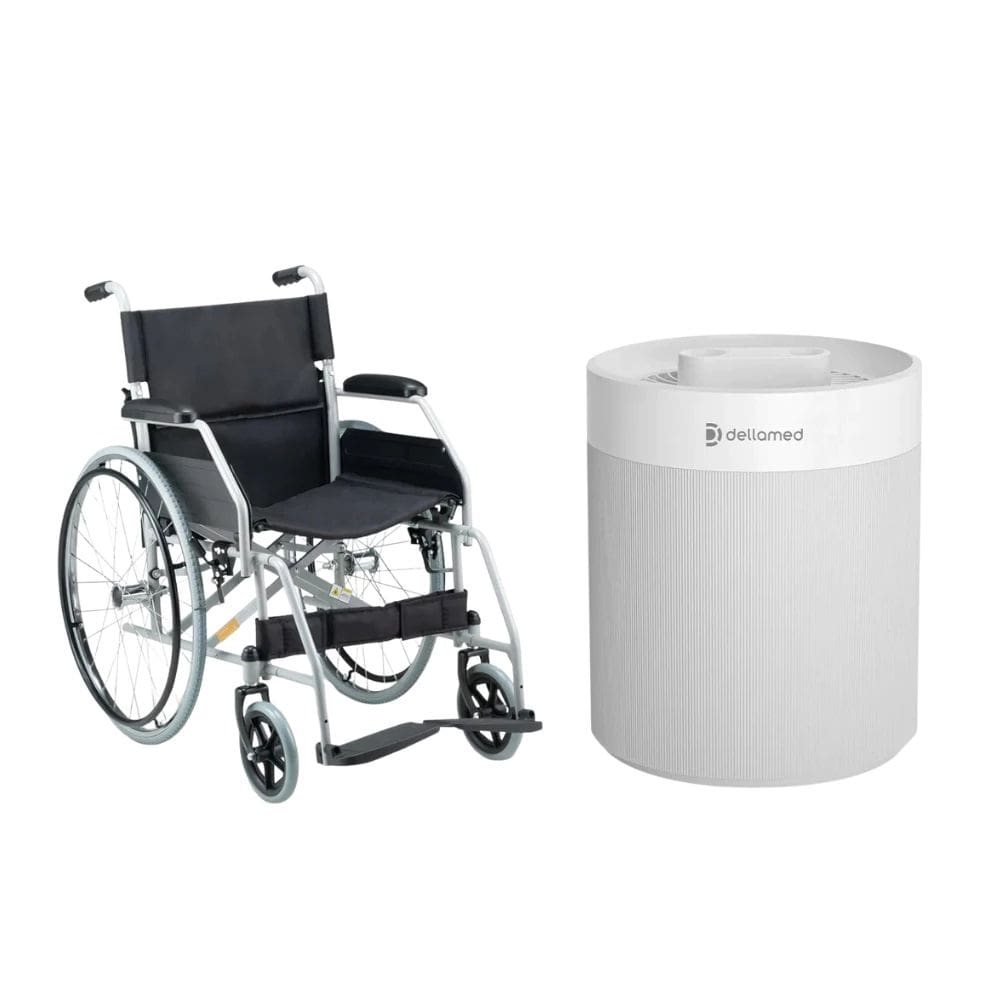 Kit Cadeira de Rodas D100 Aço Carbono Dobrável 120kg e Umidificador de Ar Ultrassônico Umi Light 2,3L Silencioso Bivolt Dellamed