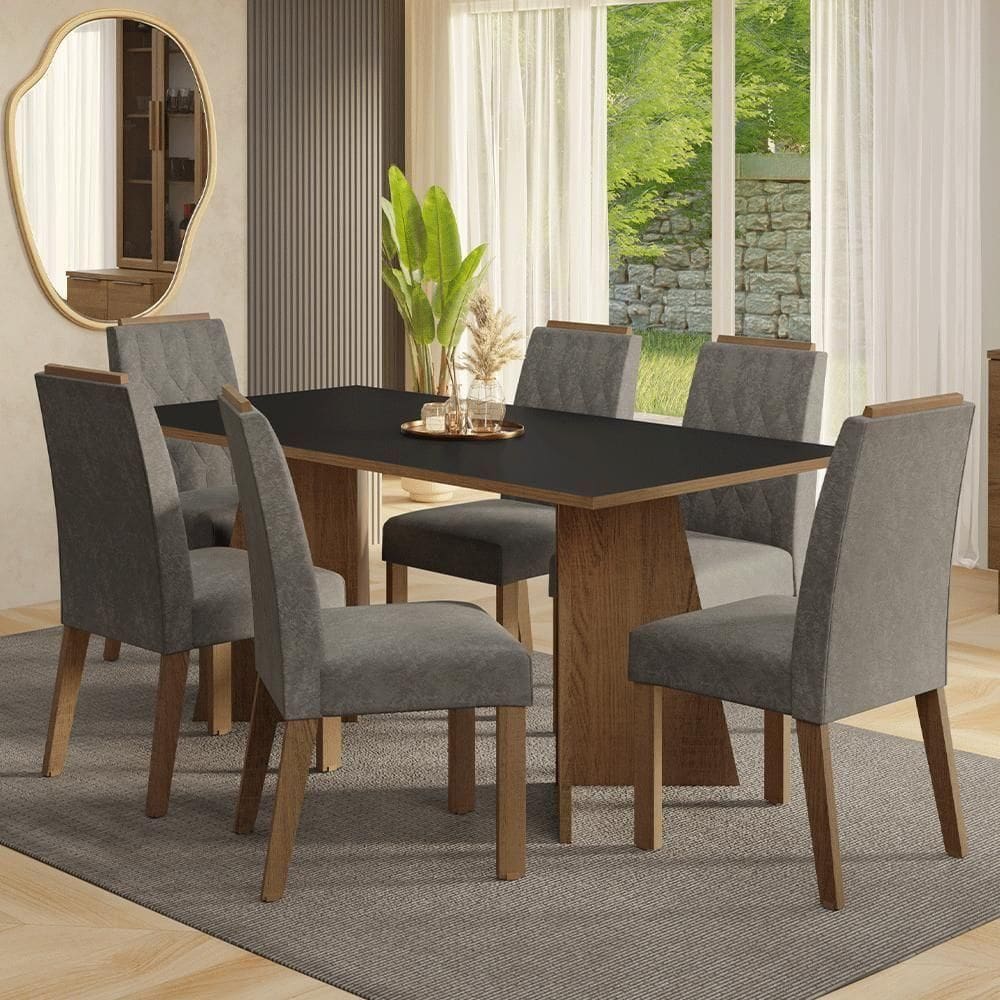 Conjunto Sala De Jantar Tampo De Madeira 6 Cadeiras Rustic/preto/silver York Madesa