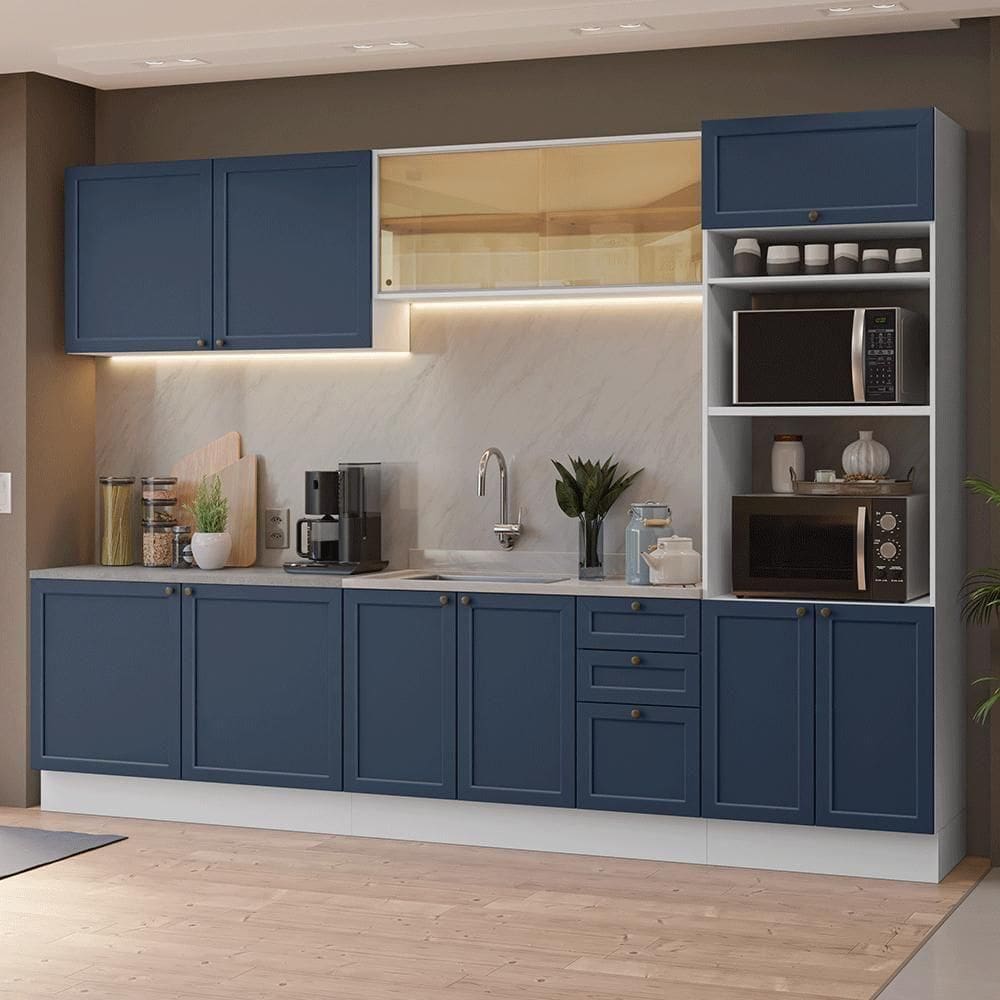 Armário De Cozinha Completa 310 Cm Vik Madesa 01 Branco/azul
